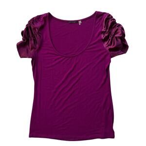 Tahari Ruched Satin Sleeve Scoop Neck Top Size M Purple Holiday Chic